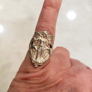 Vintage 70's Sterling Silver Art Nouveau Fairy Goddess Ring Sz 6.5